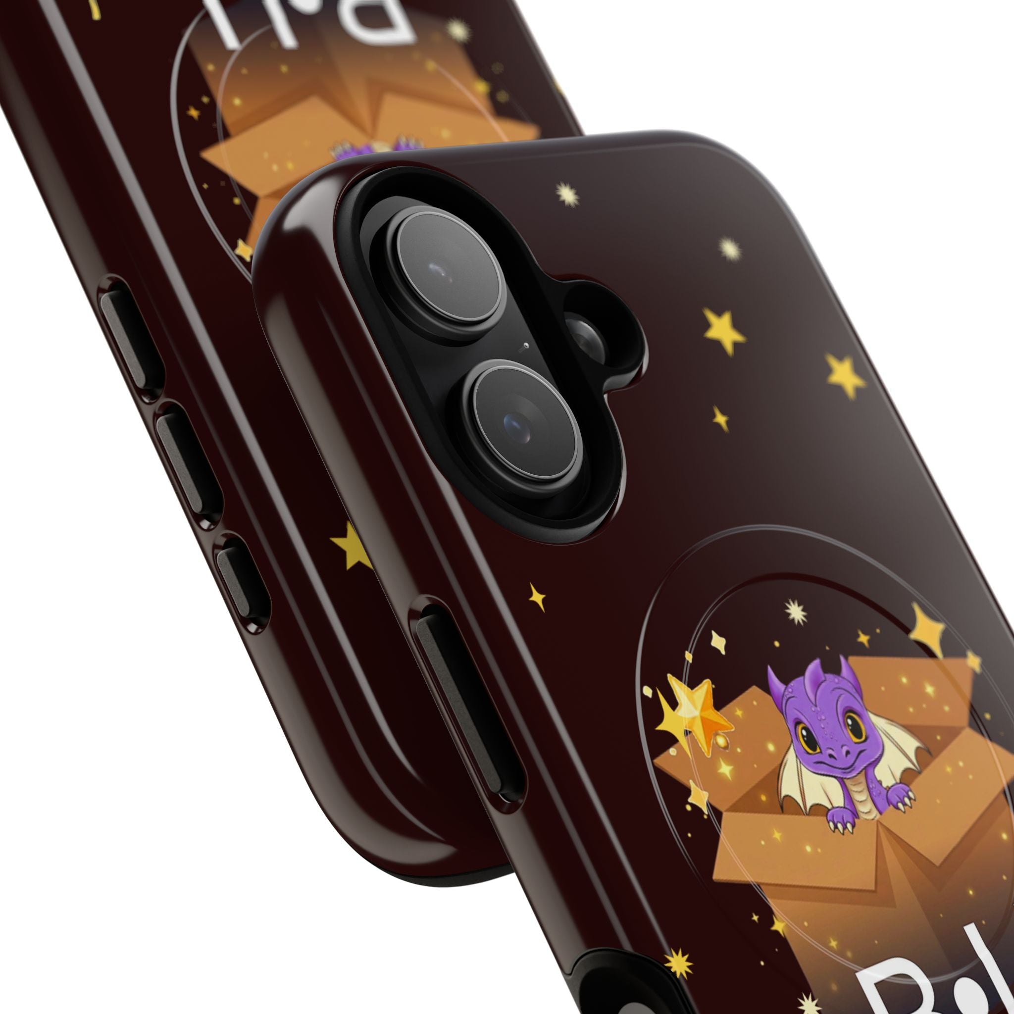 B·U Unboxed Black Phone Case for IPhone 17. Cute Purple Dragon in a Box