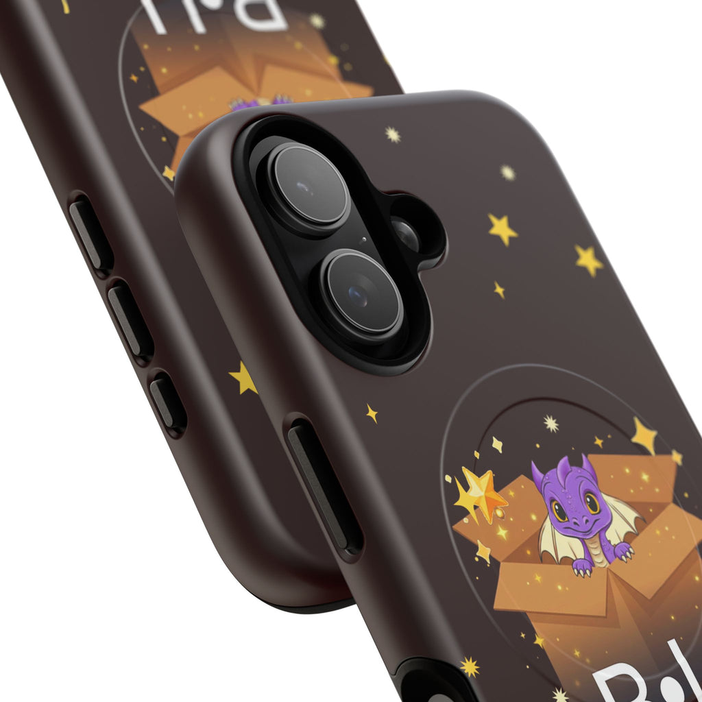 B·U Unboxed Black Phone Case for IPhone 17. Cute Purple Dragon in a Box