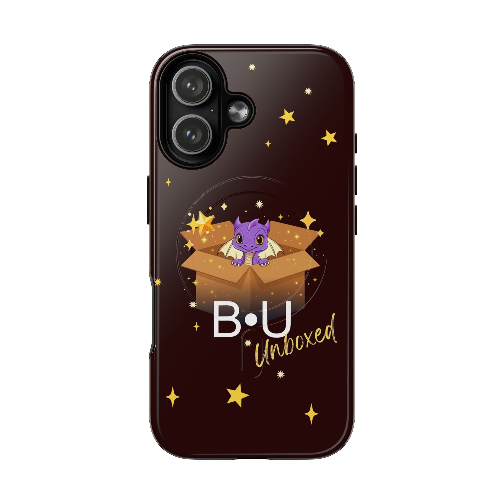 B·U Unboxed Black Phone Case for IPhone 17. Cute Purple Dragon in a Box