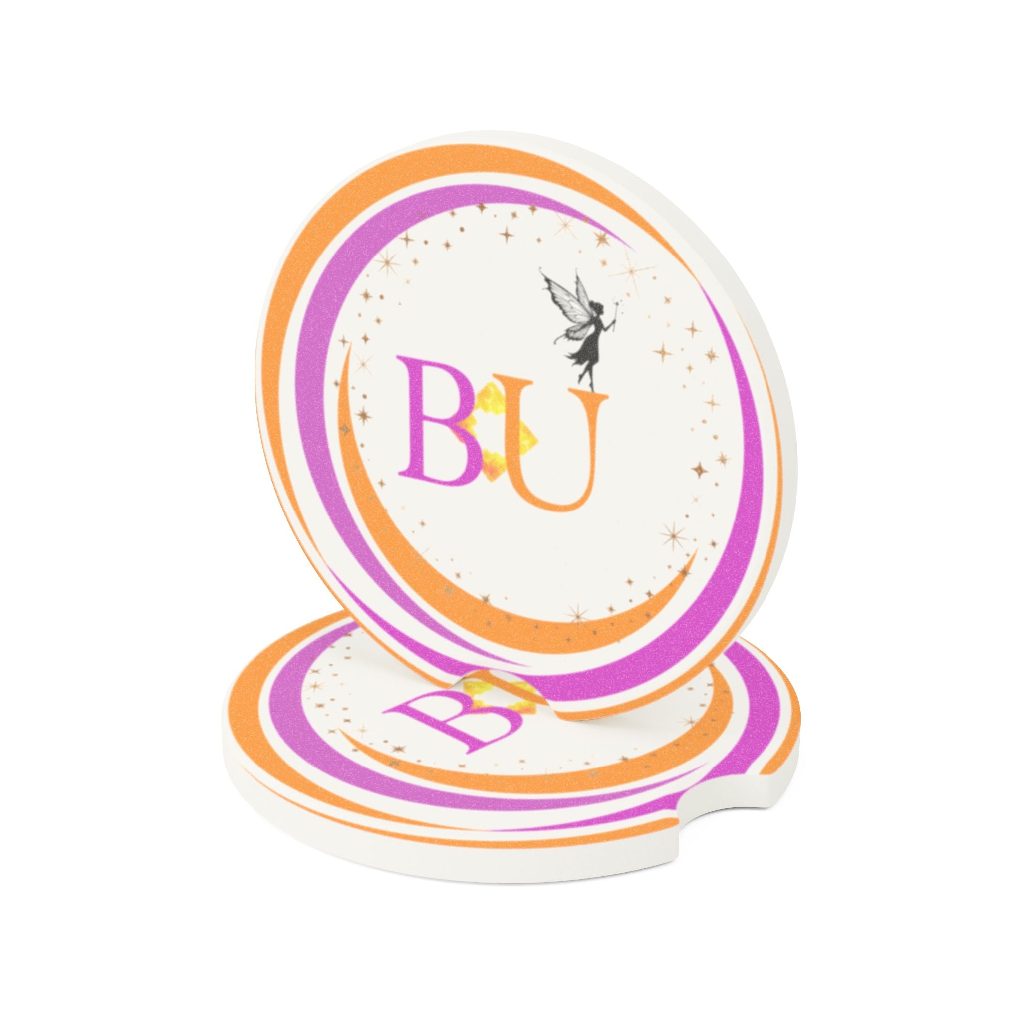 Soapstone Car Coaster — Monogrammed “BU” with Fairy & Crescent Moon