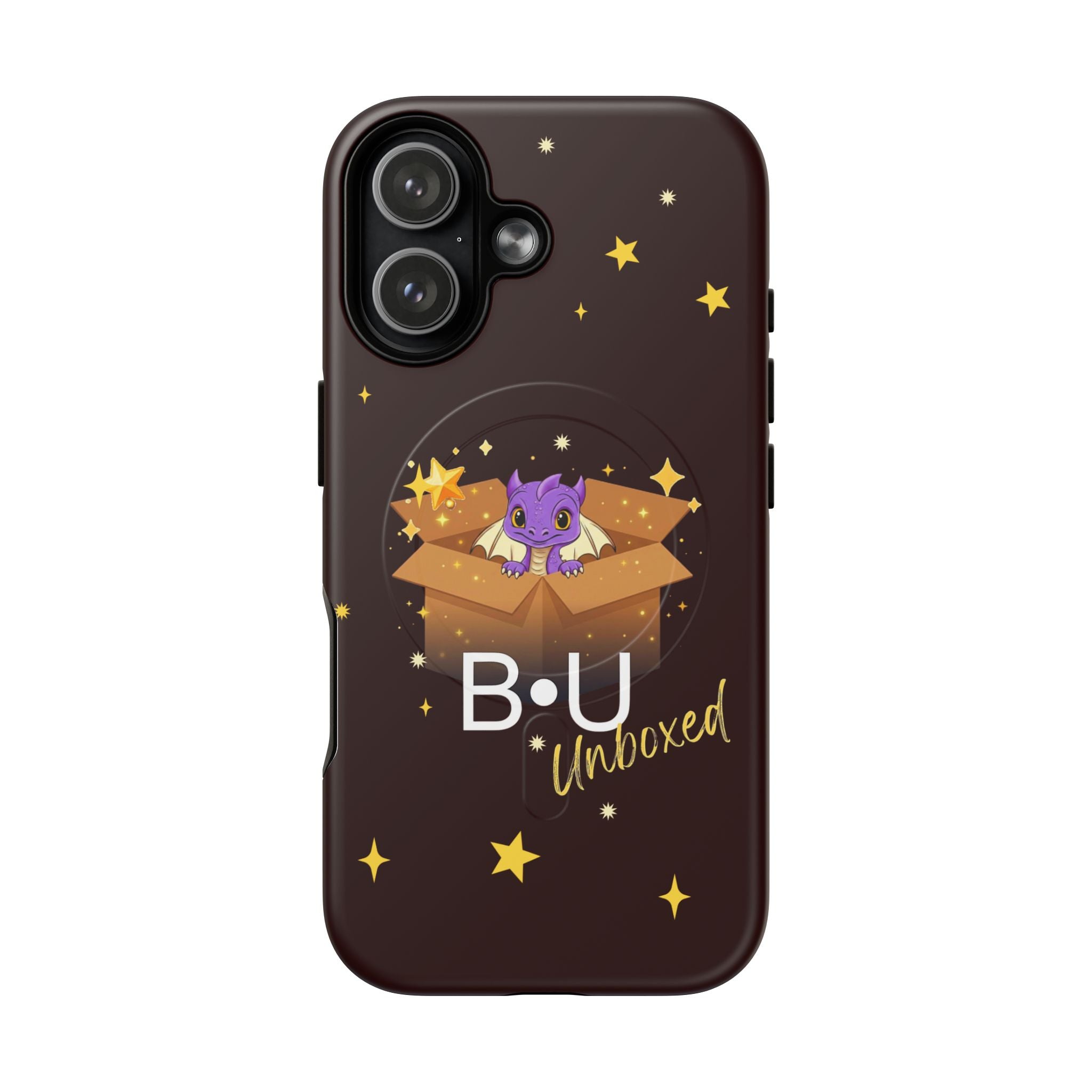 B·U Unboxed Black Phone Case for IPhone 17. Cute Purple Dragon in a Box